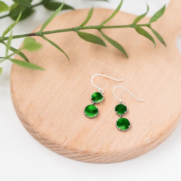 Recycled Vintage 1960's Bright Green Beer Bottles Sterling Double Take Earrings - Picture 4 of 5